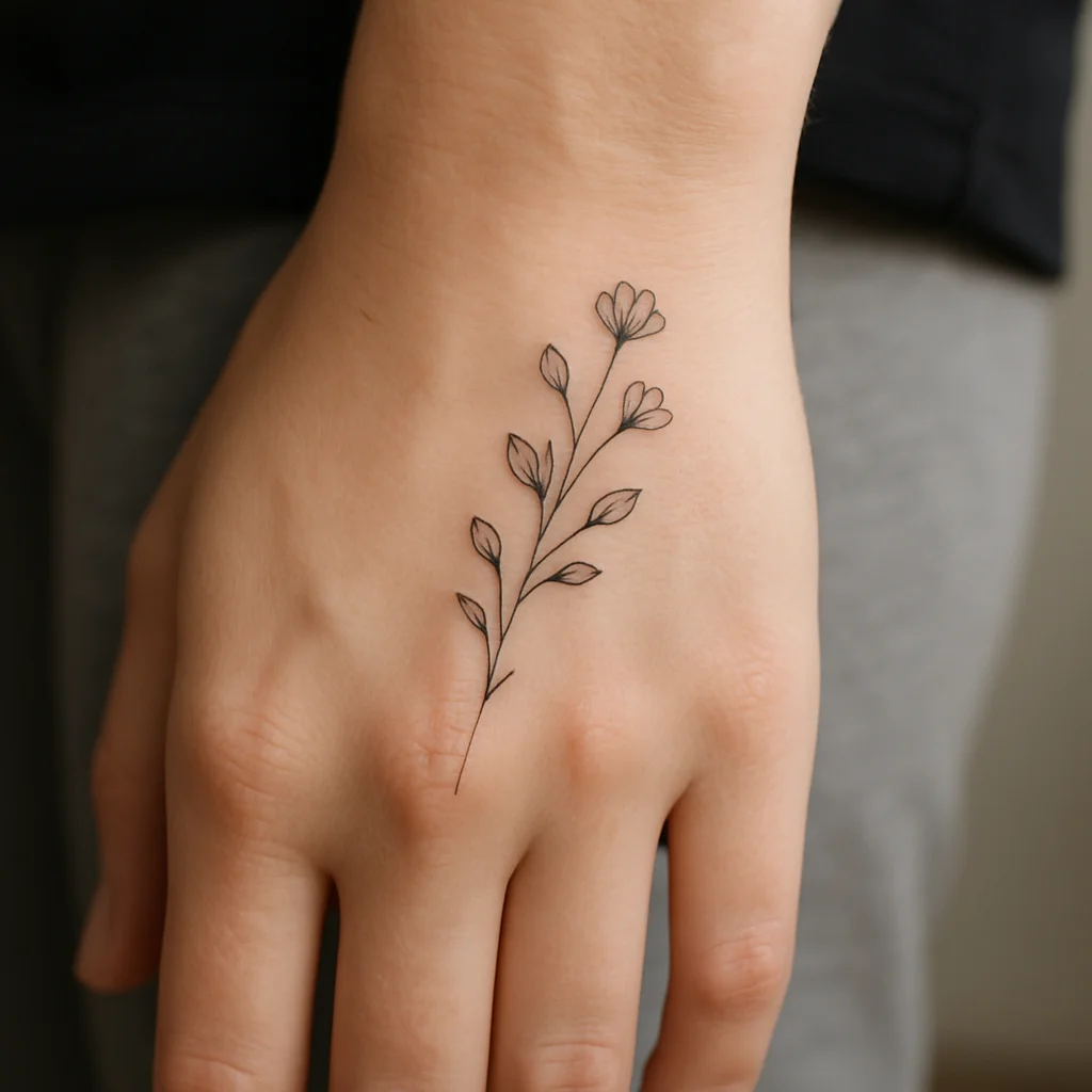 Healed fine-line floral sprig tattoo with open spacing on the back of a woman's hand