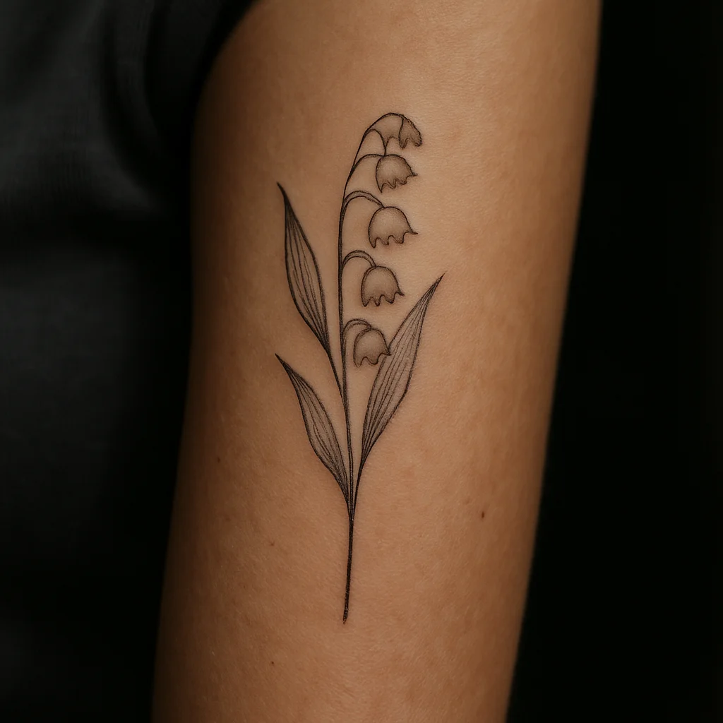 Healed fine-line lily of the valley stem with soft grey bell outlines on the inner forearm