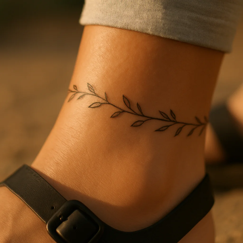 Healed fine-line vine band tattoo wrapping the ankle above the bone