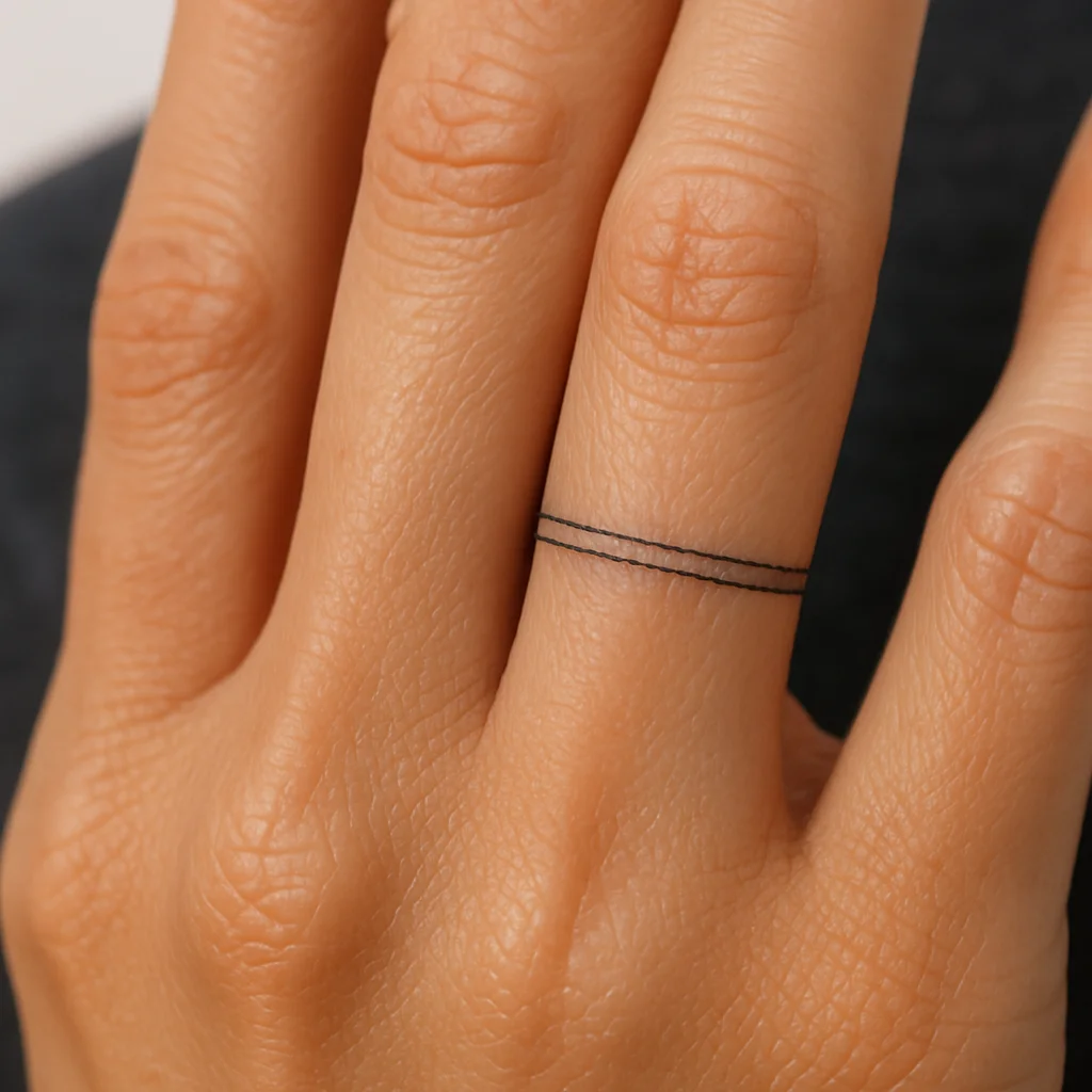 Healed hairline fine-line band tattooed around the base of a ring finger