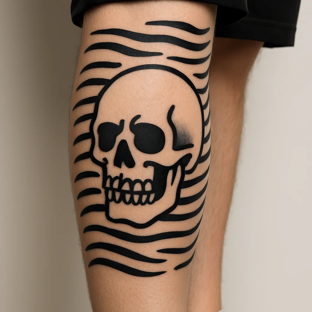 Healed lower leg sleeve with bold outlines on the calf and wrapping filler across the shin