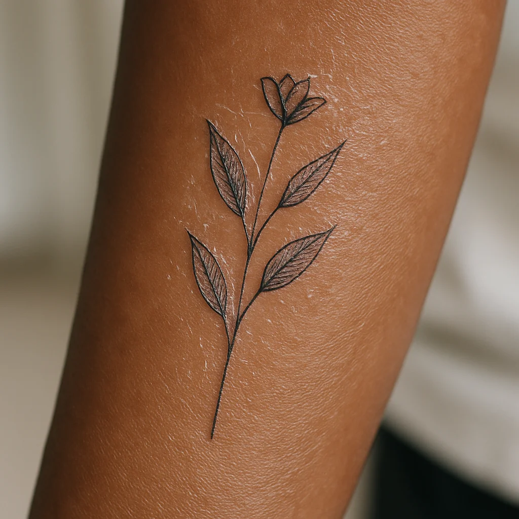 Healing fine-line tattoo mid-peel on inner forearm with thin unscented moisturizer, no picking or scratching}