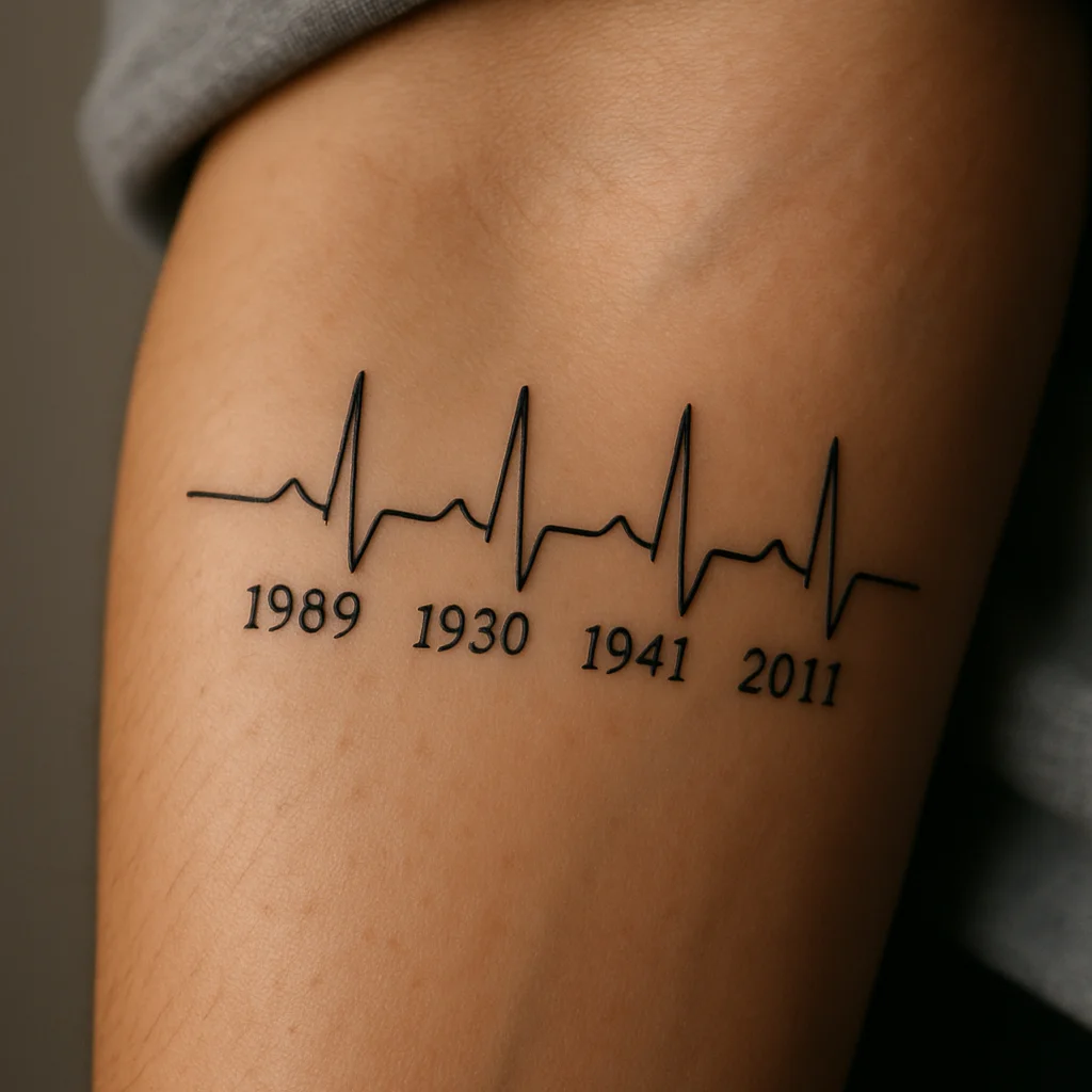 Heartbeat line tattoo with birth years labelled at each spike on the inner forearm