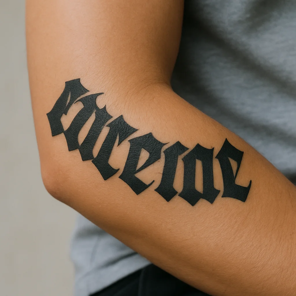 Heavy blackletter phrase arced across a man's outer forearm