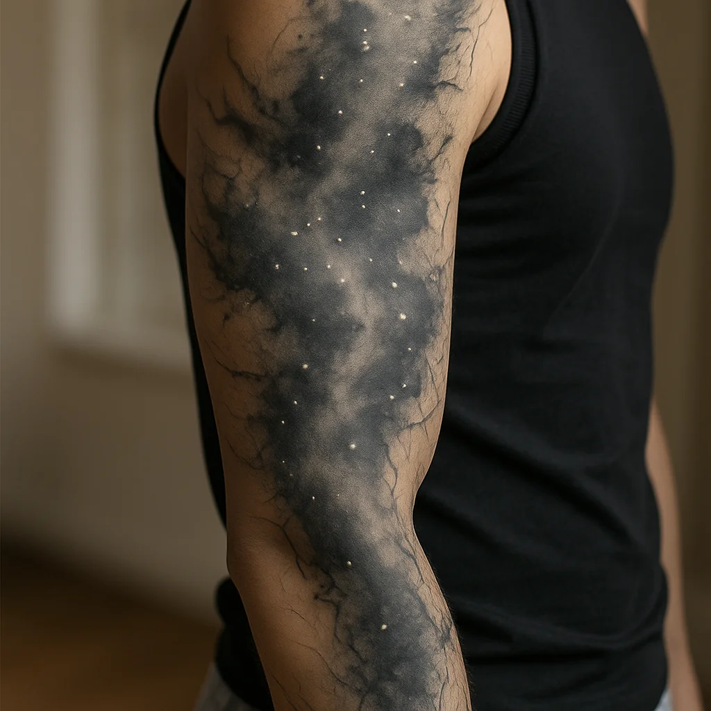 Heavy grey nebula wash sleeve with negative-space stars on a woman's full arm