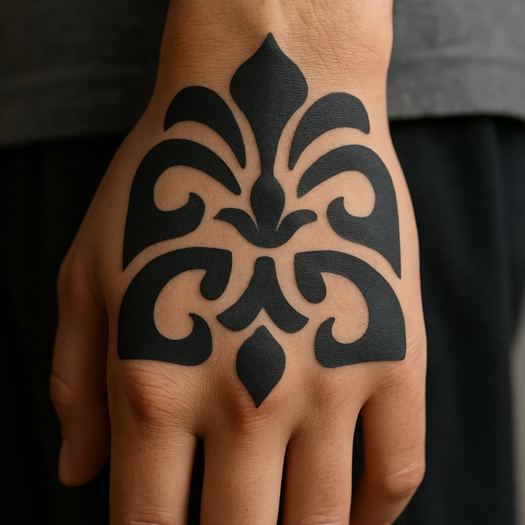 Heavy-line ornamental blackwork hand panel with wide spacing shown across a closed fist