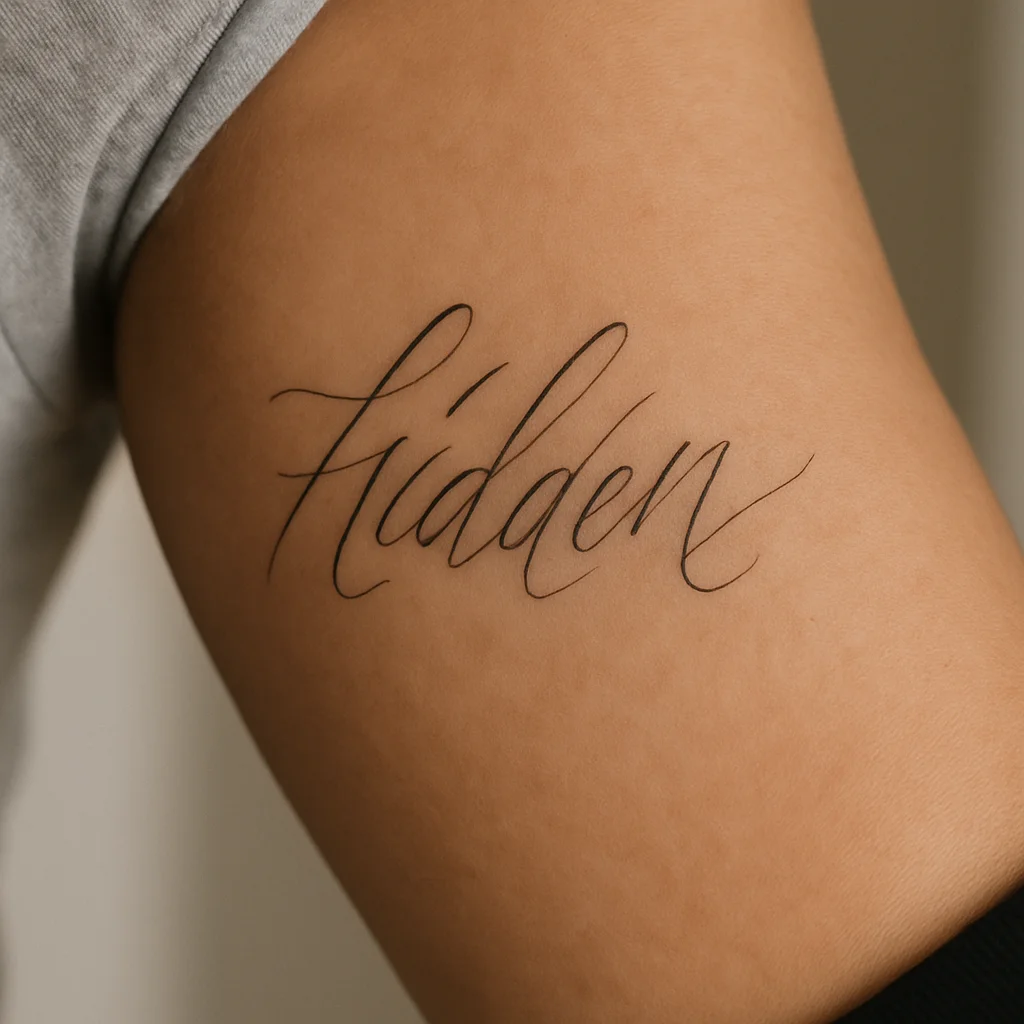 Hidden bold script lettering tattoo on the inner bicep, visible only when the arm lifts