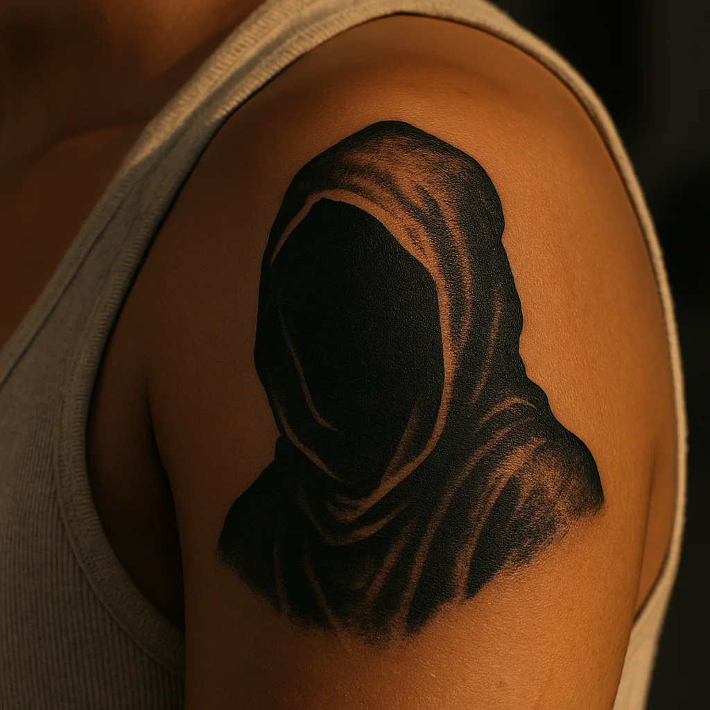 Hooded figure with black void face tattooed across the shoulder in blackwork