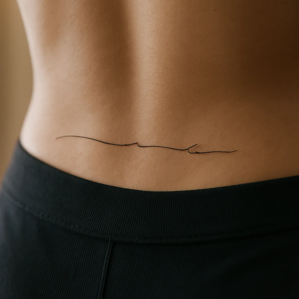 Horizontal script tattoo along the belt line of the lower back