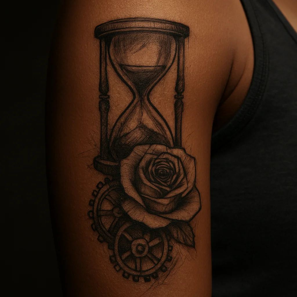 Hourglass, rose and clock gears in black and grey stacked down the upper arm