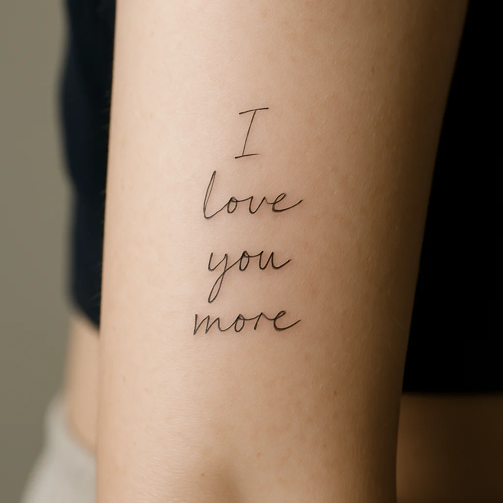 I love you more in handwriting stacked in three lines, fine-line tattoo on the inner forearm