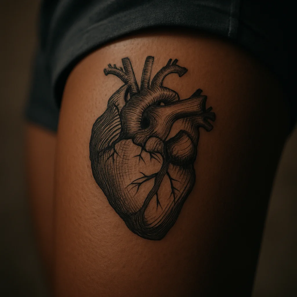 Illustrative anatomical heart tattoo on the lower inner thigh