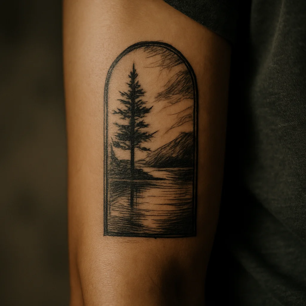 Illustrative arched window frame with a pine and lake landscape on the inner forearm