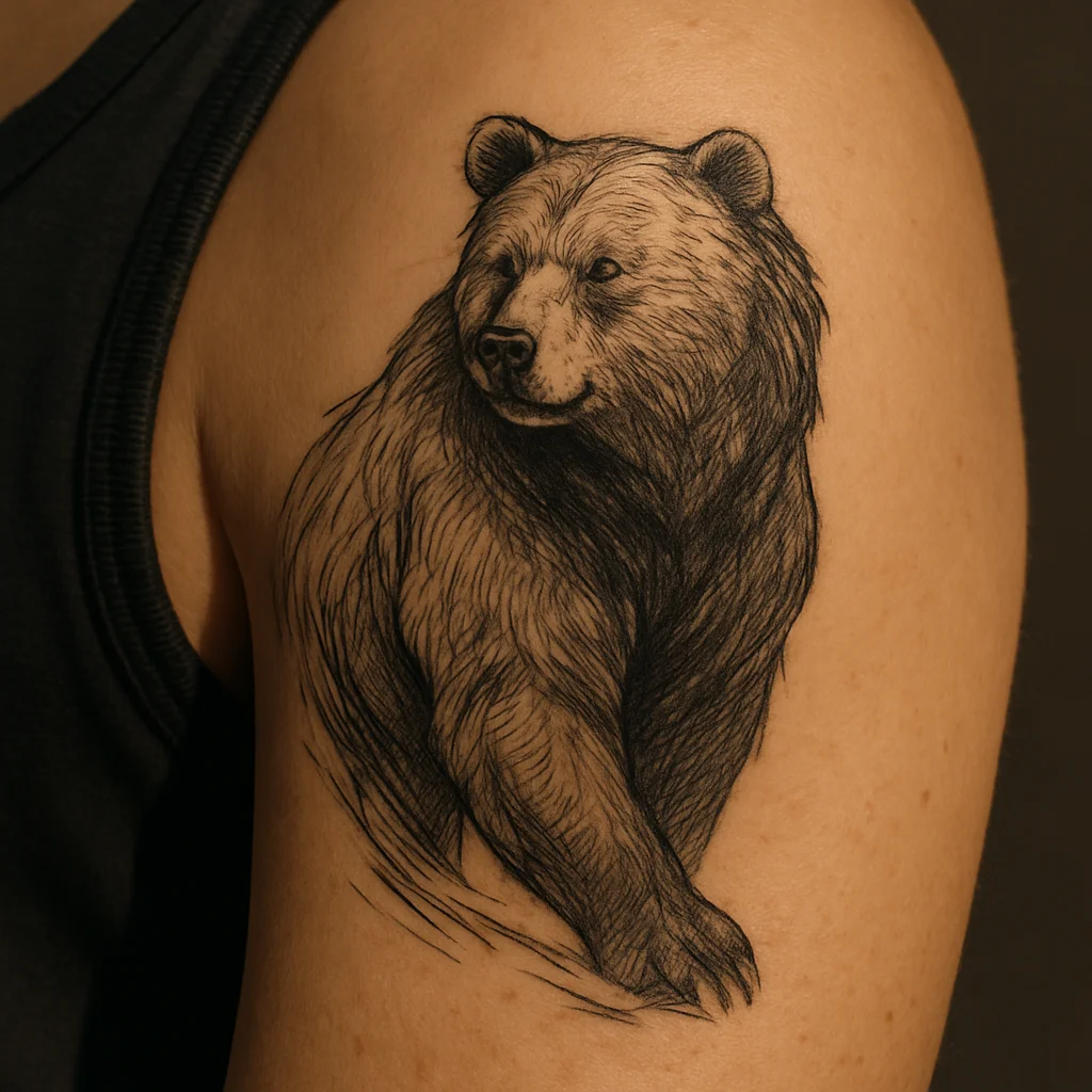 Illustrative bear tattoo on the outer bicep with head turned along the muscle curve