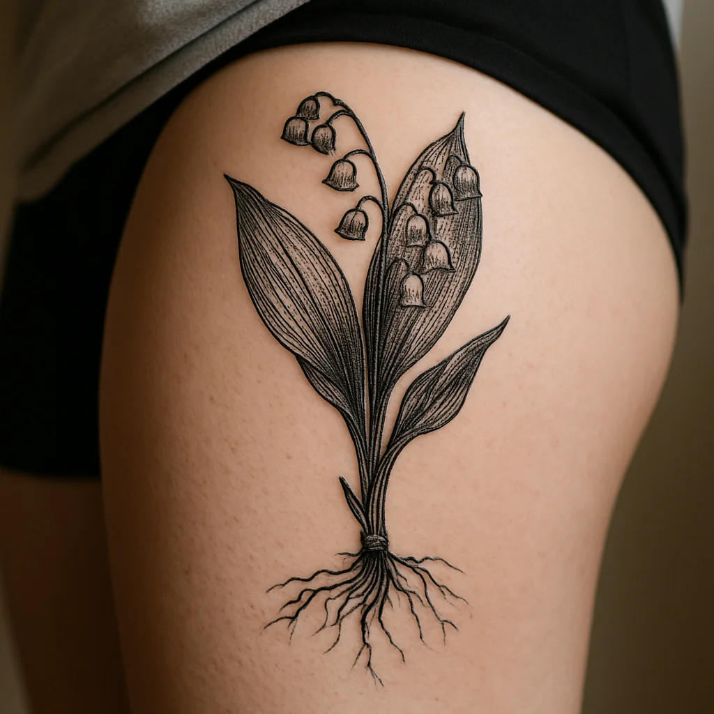 Illustrative botanical lily of the valley with roots and stipple shading on the thigh