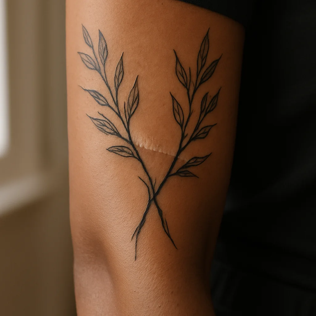 Illustrative branch tattoo composed around an existing scar on the outer forearm