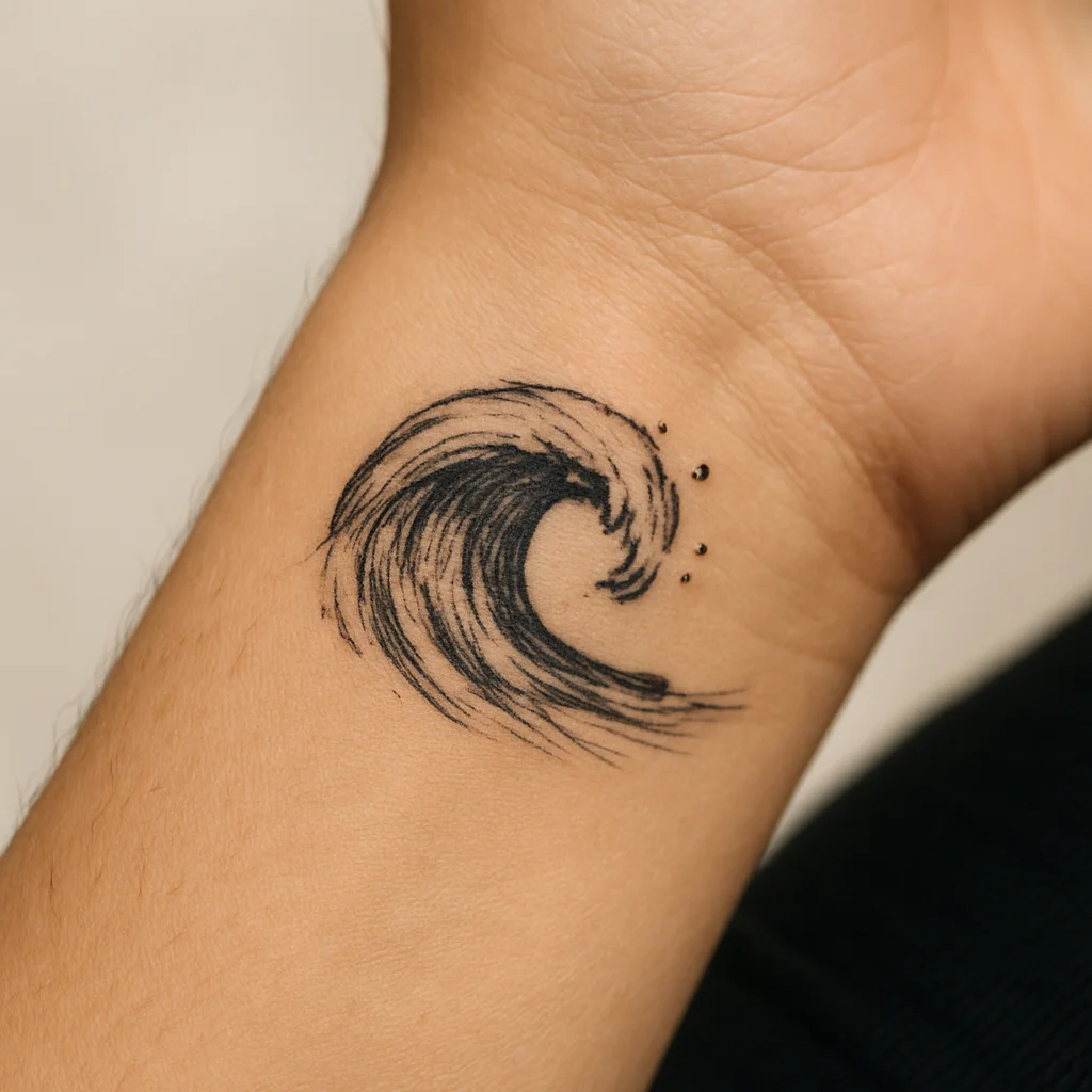 Illustrative breaking wave tattoo curling along the side of the wrist