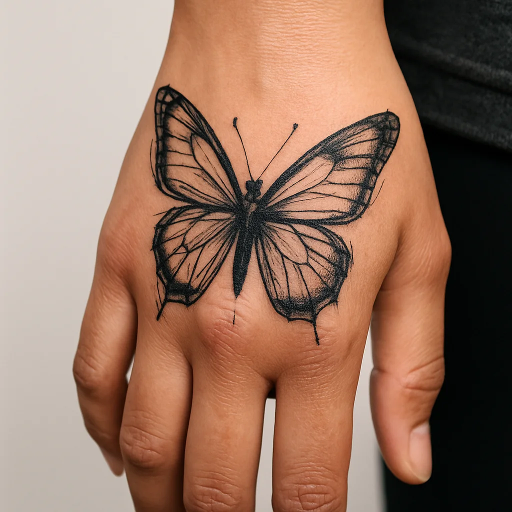 Illustrative butterfly tattoo spanning a finger base and the back of the hand