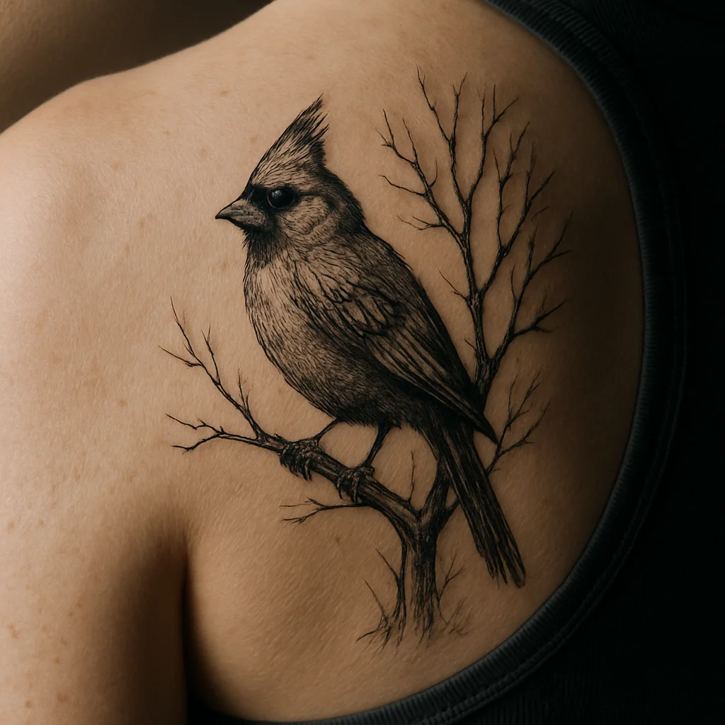 Illustrative cardinal on a bare branch memorial tattoo on the upper back