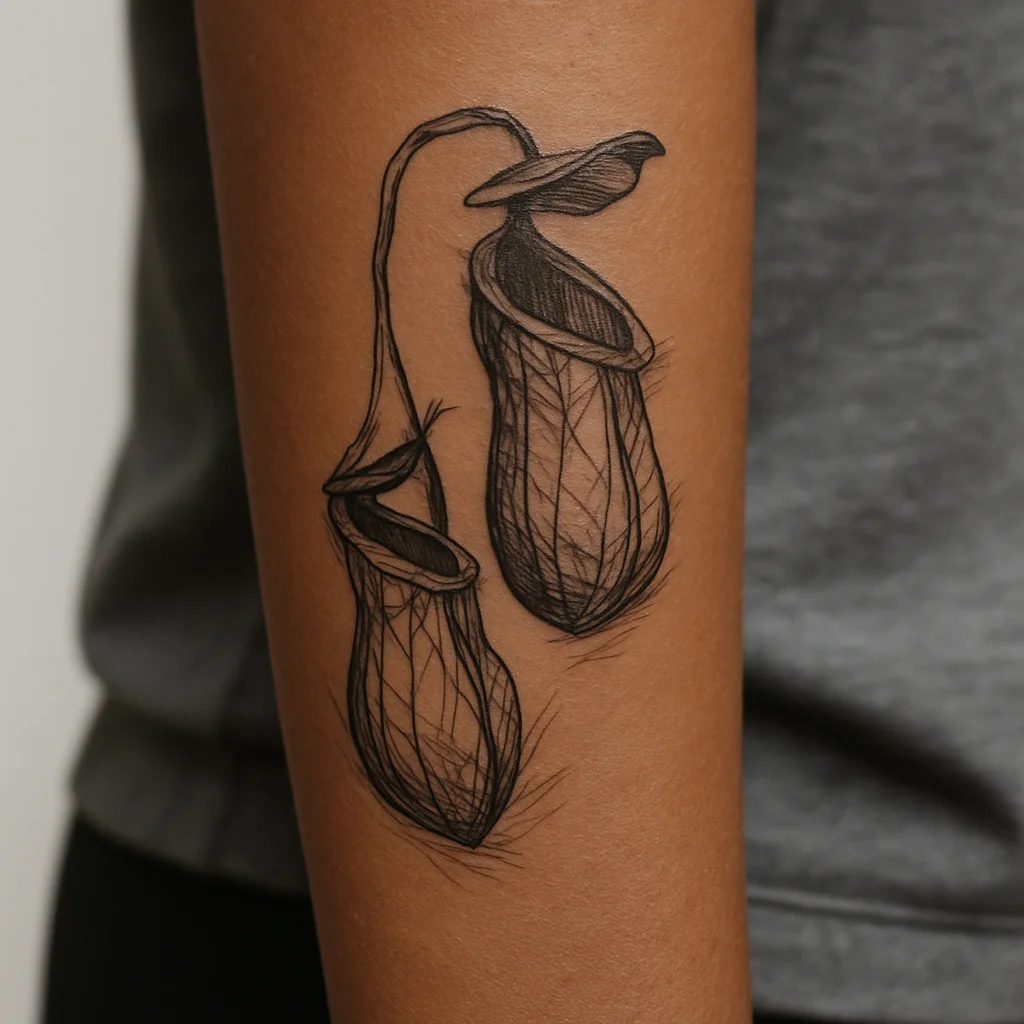 Illustrative carnivorous pitcher plant tattoo wrapping the outer forearm
