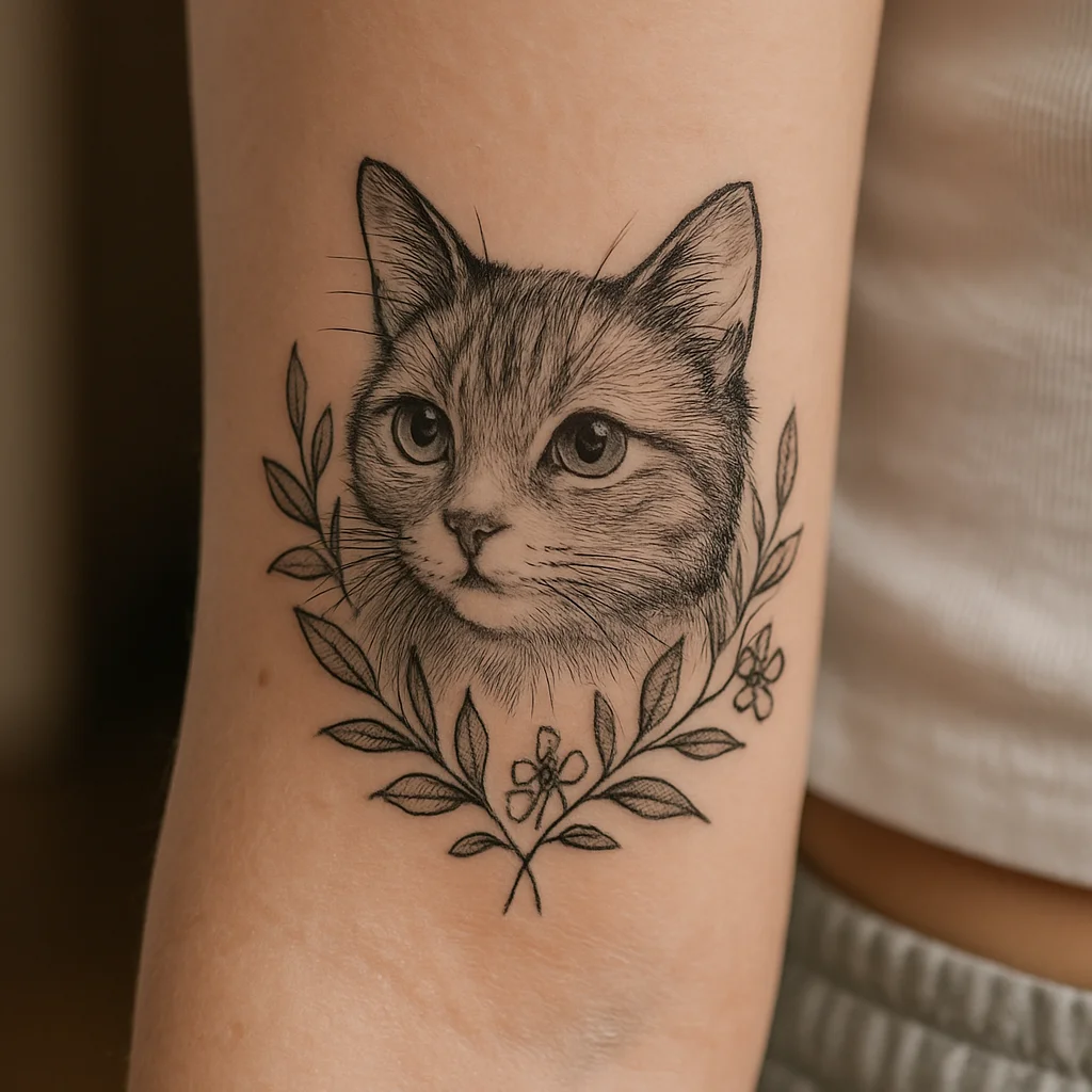 Illustrative cat portrait framed by leaves and flowers on the inner forearm