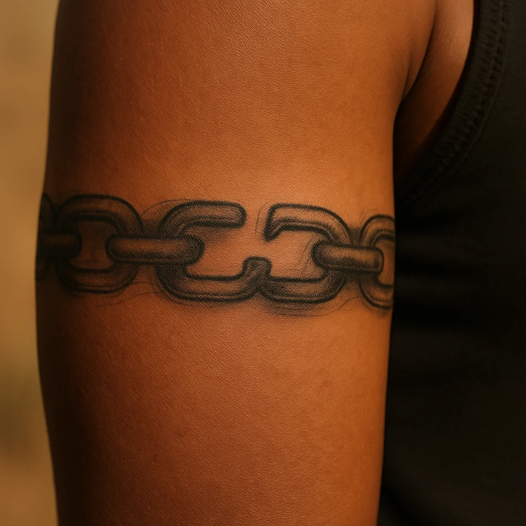 Illustrative chain-link armband with a broken link on a woman's upper arm