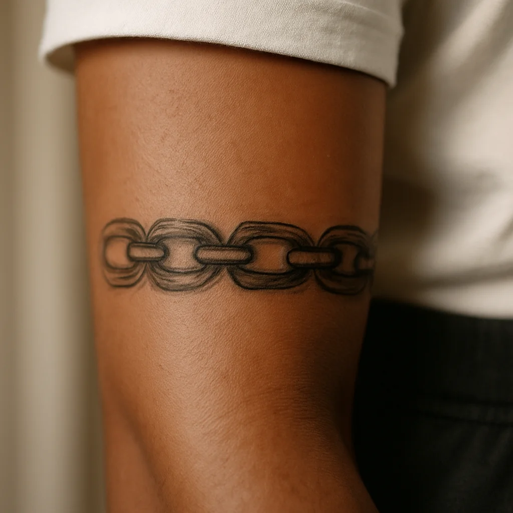 Illustrative chain-link bracelet band tattooed across the upper inner forearm
