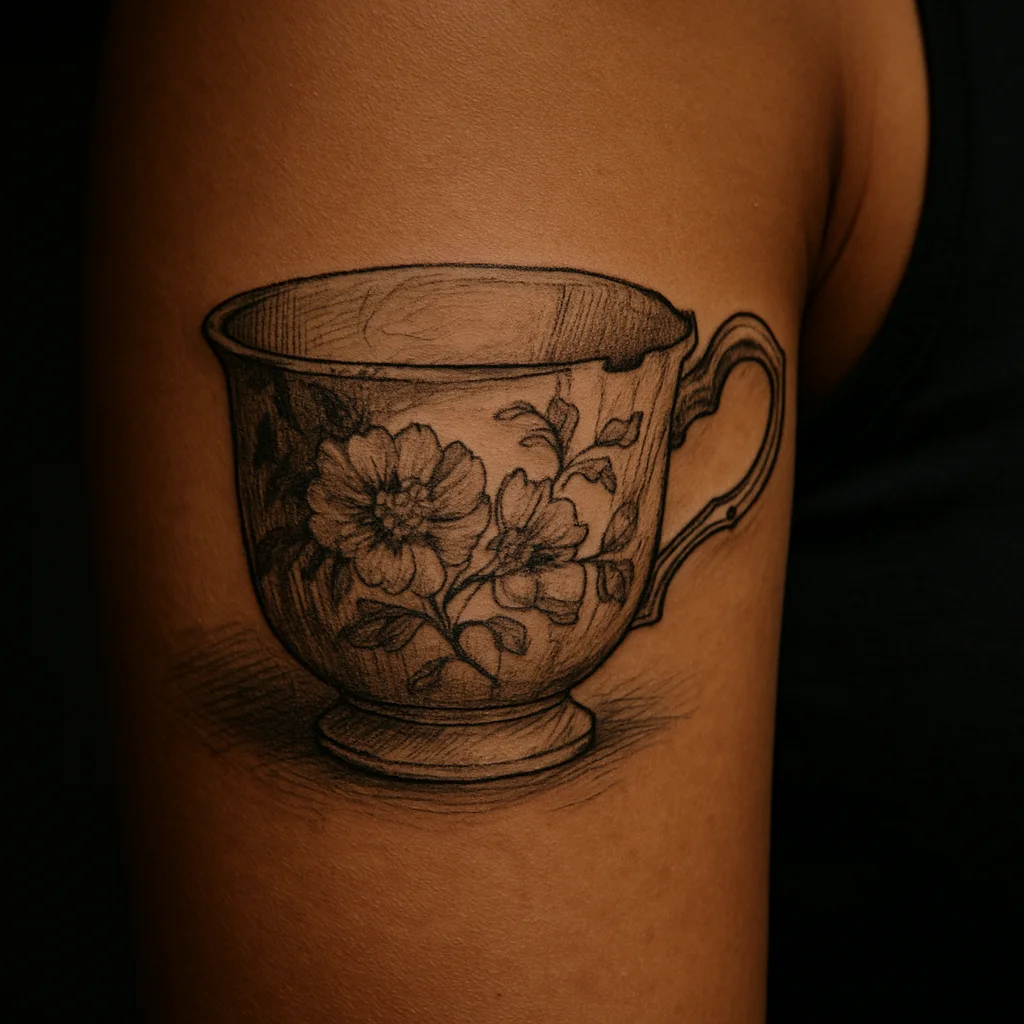 Illustrative chipped patterned teacup drawn from a photograph on the upper arm