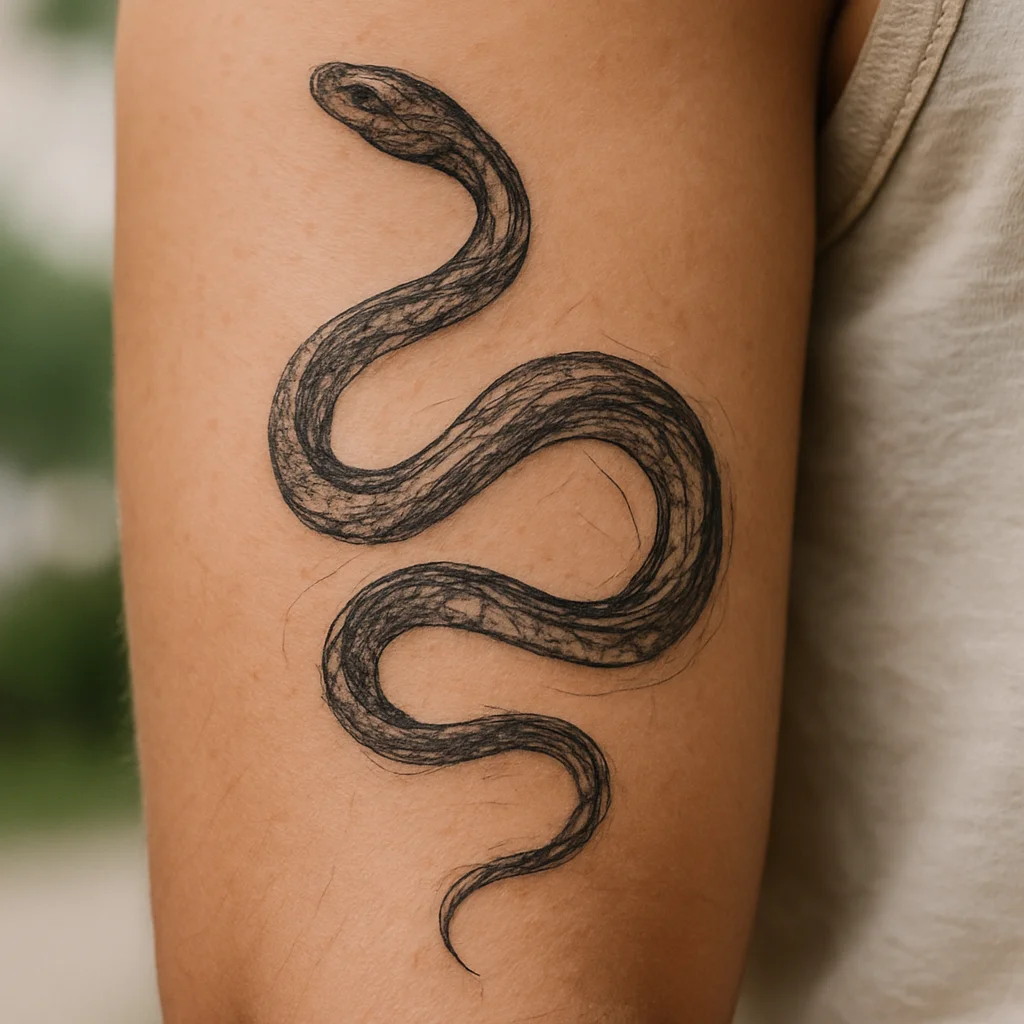 Illustrative coiled snake tattoo running down a woman's inner upper arm