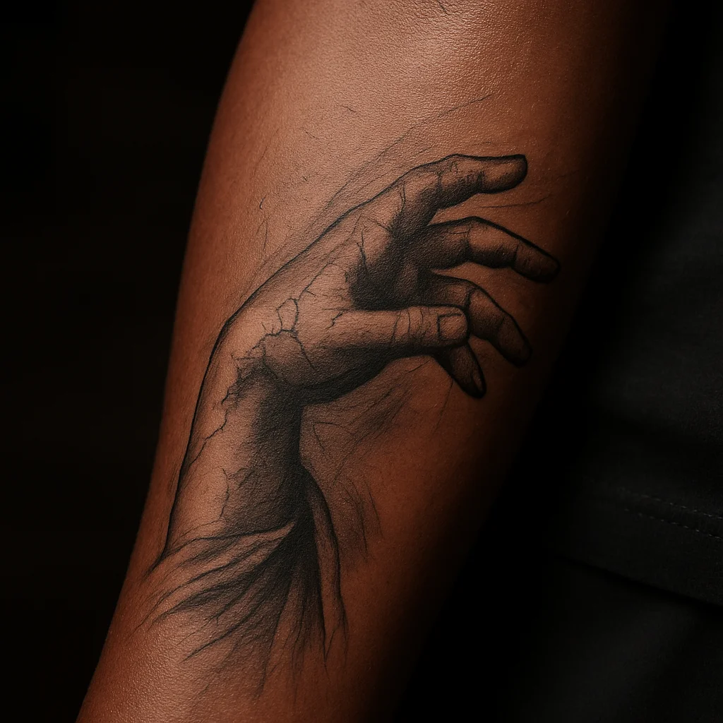 Illustrative cracked marble statue hand in black and grey on the inner forearm