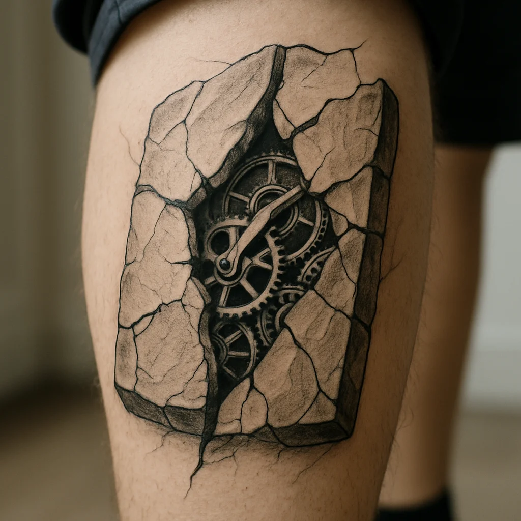 Illustrative cracked stone panel with clockwork underneath tattooed on a man's calf
