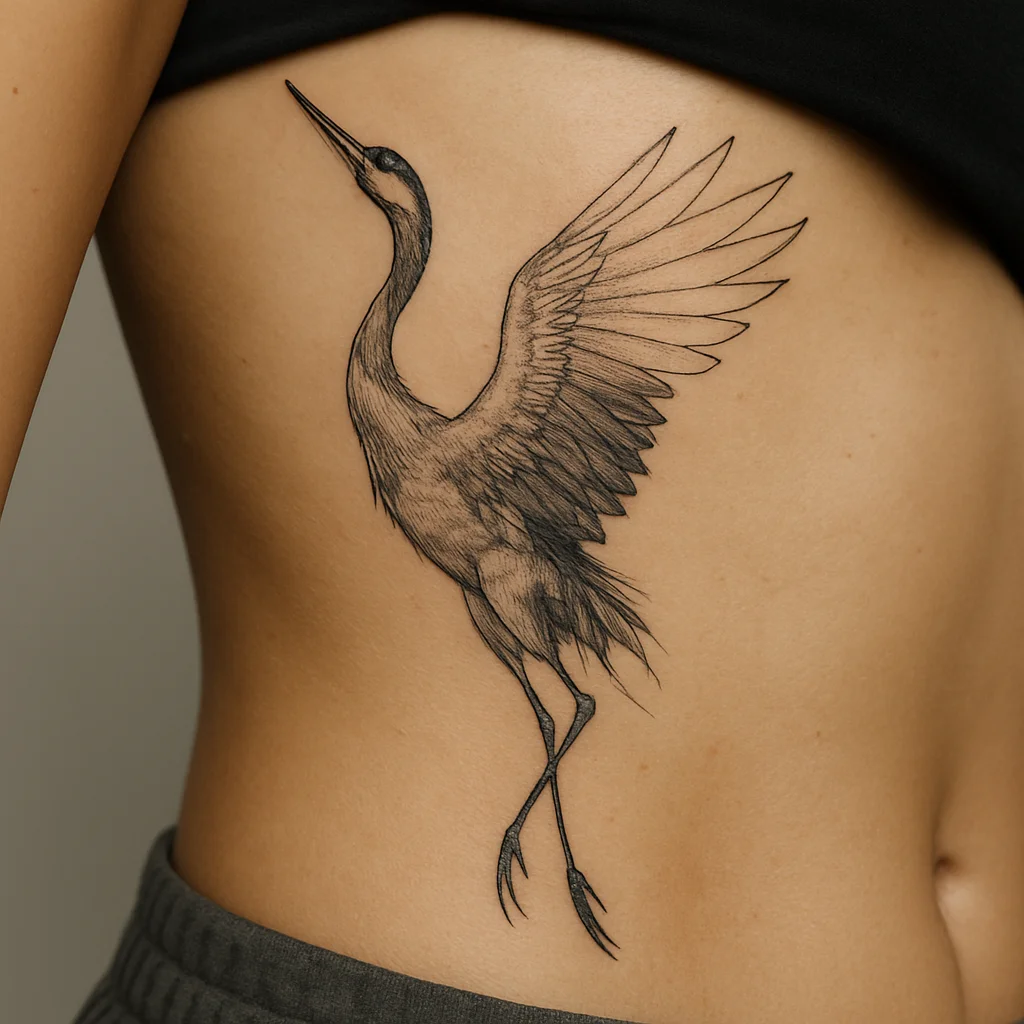 Illustrative crane in flight with negative-space wings on the side of the ribcage