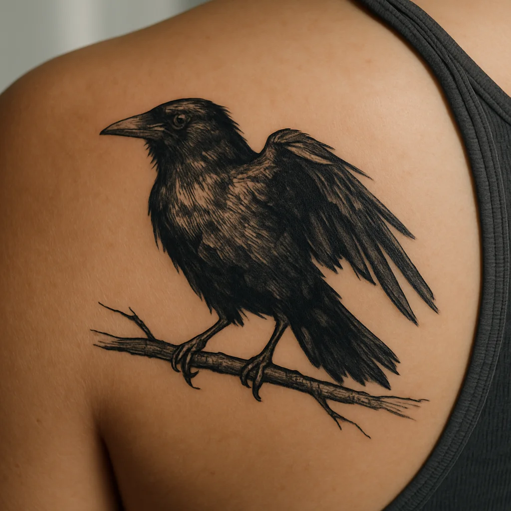 Illustrative crow perched on a bare branch across the shoulder blade