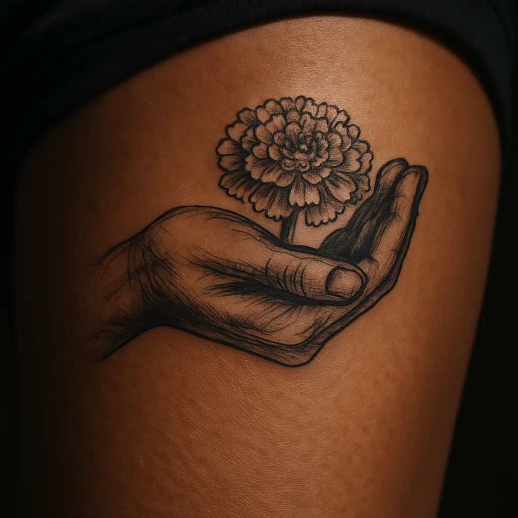 Illustrative cupped hand holding a single marigold head tattooed on the thigh