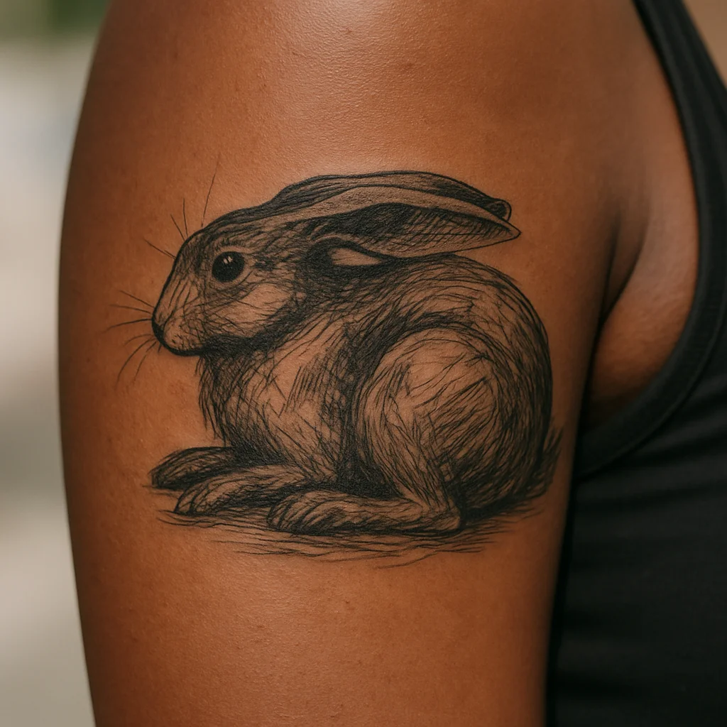 Illustrative curled hare tattoo with sketchy hatching linework on the upper arm