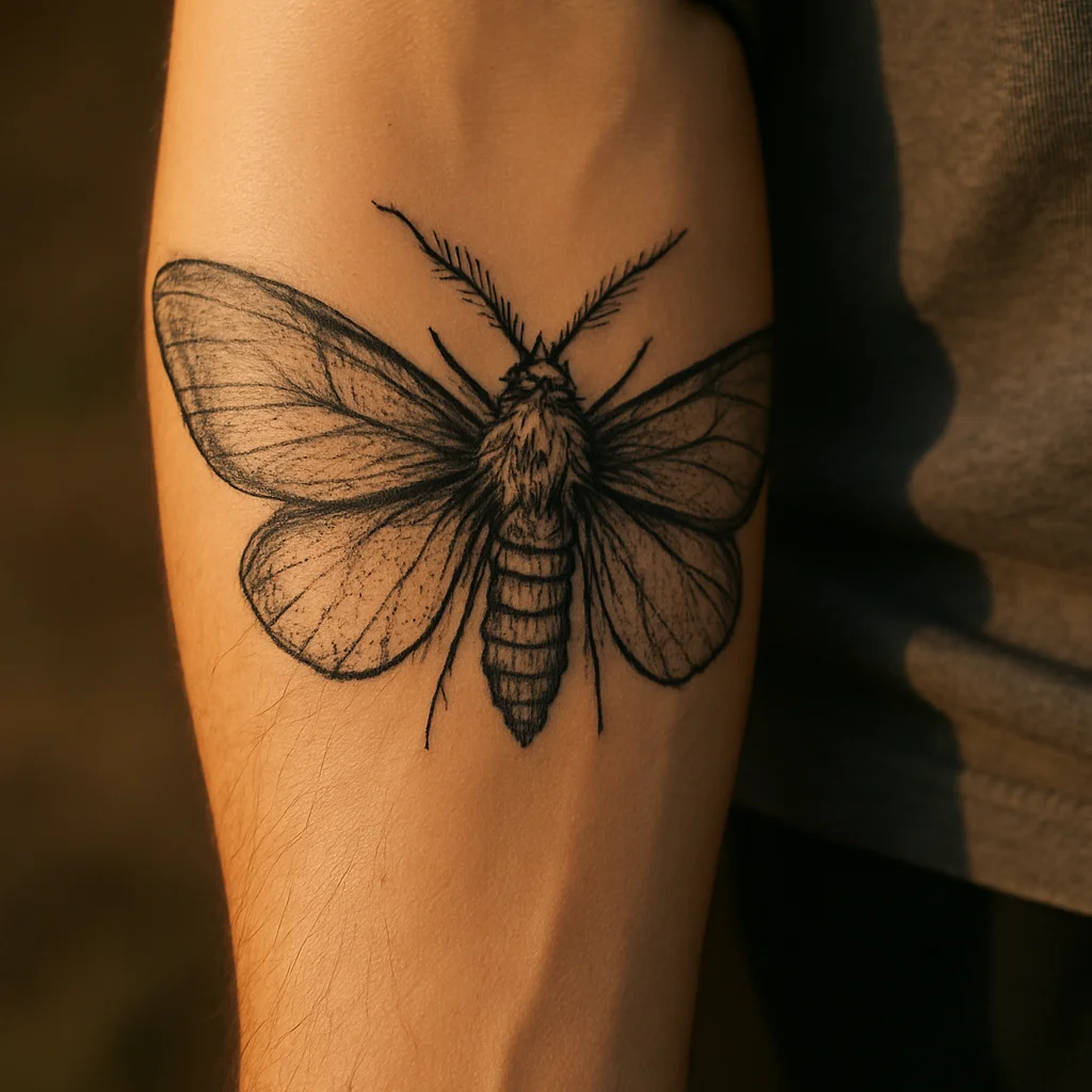 Illustrative dotwork moth tattoo with wingspan across the inner forearm