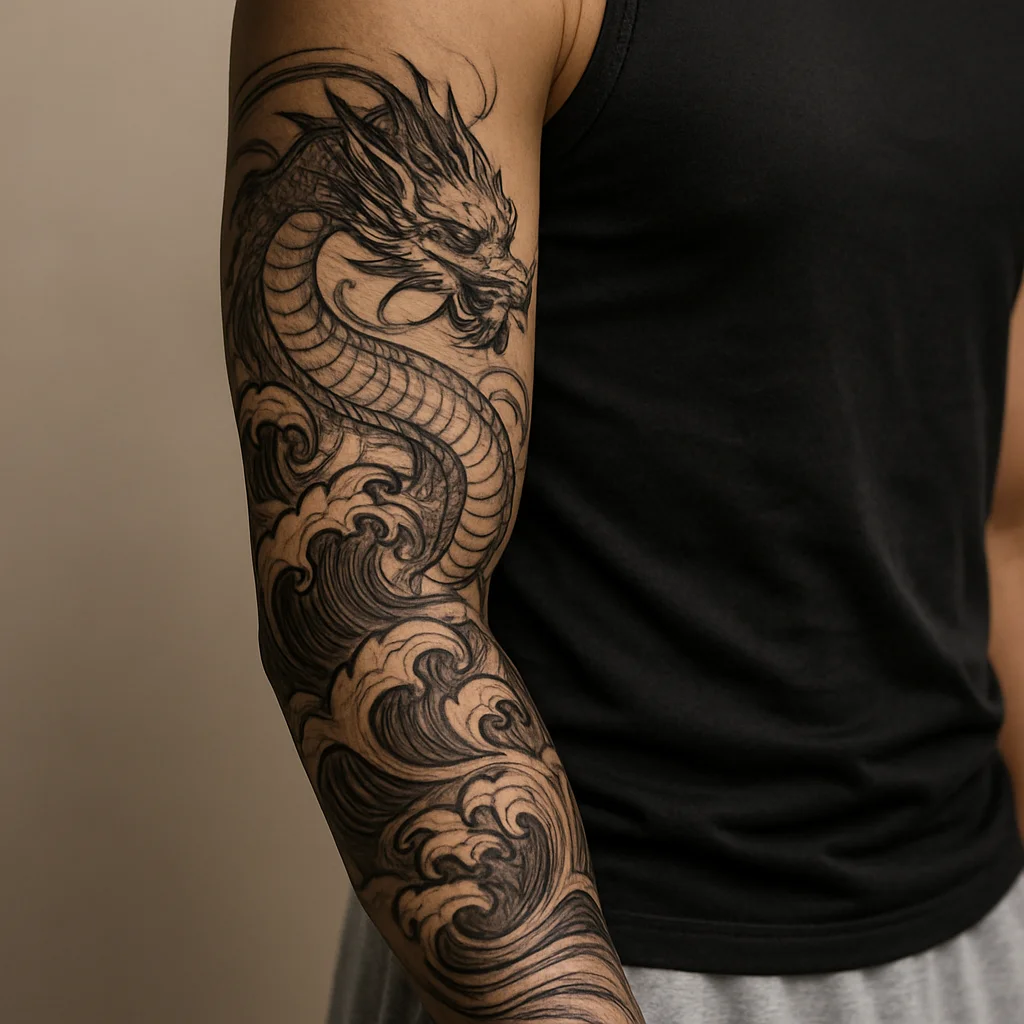Illustrative dragon and wave full sleeve wrapping the arm from shoulder to wrist