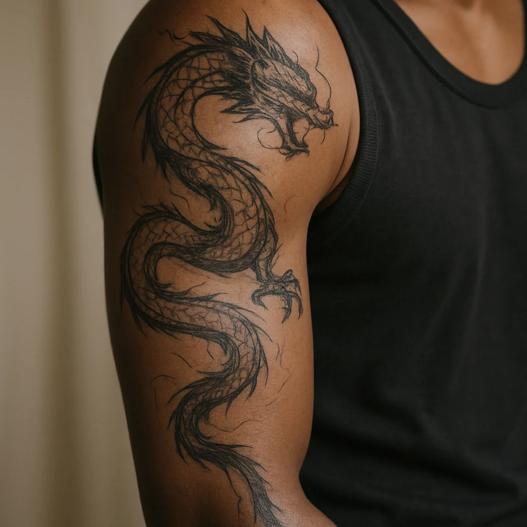 Illustrative dragon coiling from the shoulder blade over the shoulder cap down the arm