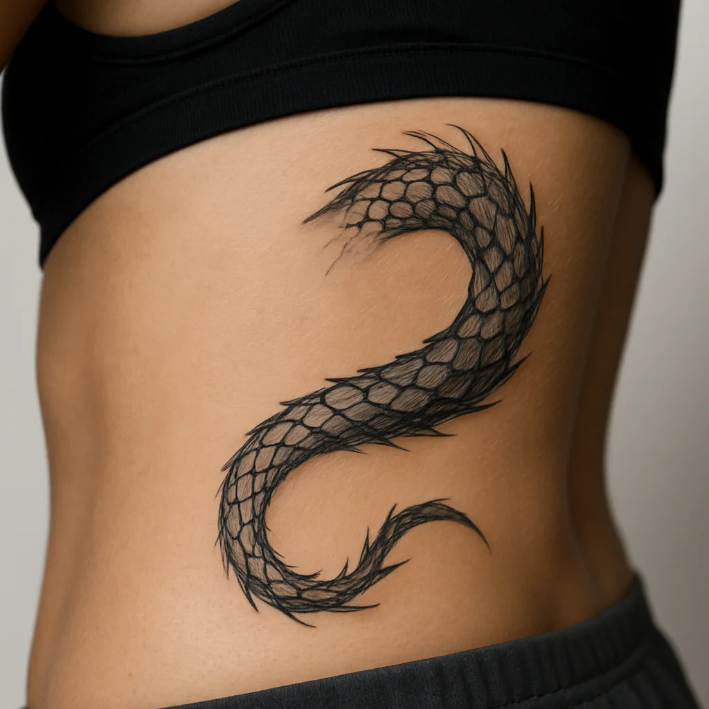 Illustrative dragon tail tattoo wrapping from the hip onto the lower back