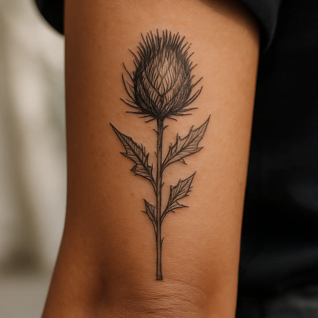 Illustrative dried thistle botanical plate tattoo with hatched bract and flat-cut stem on the outer forearm