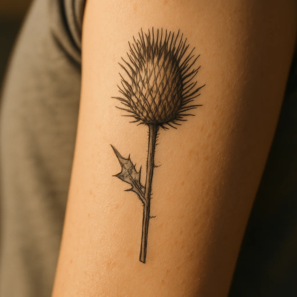 Illustrative dried thistle botanical specimen with hatched bract on the inner forearm
