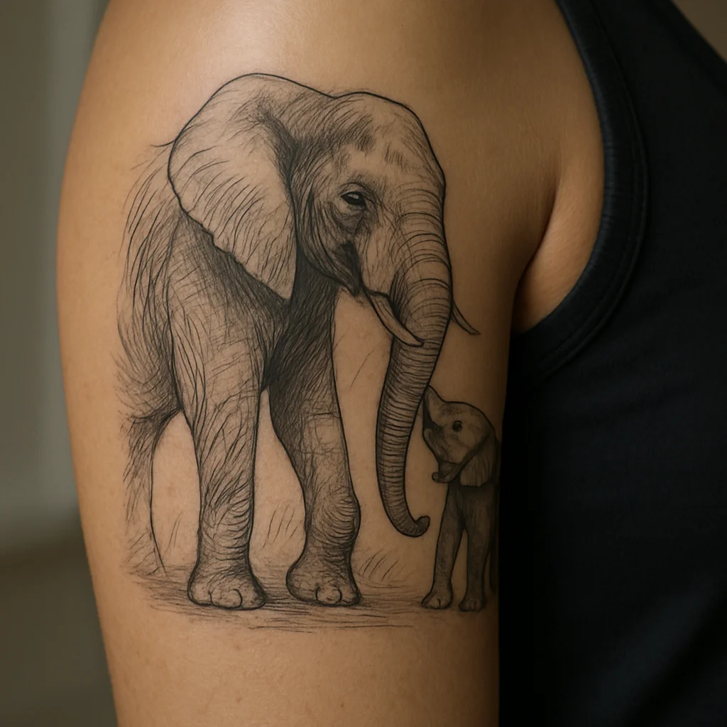 Illustrative elephant with calf reaching its trunk tattooed on the upper arm
