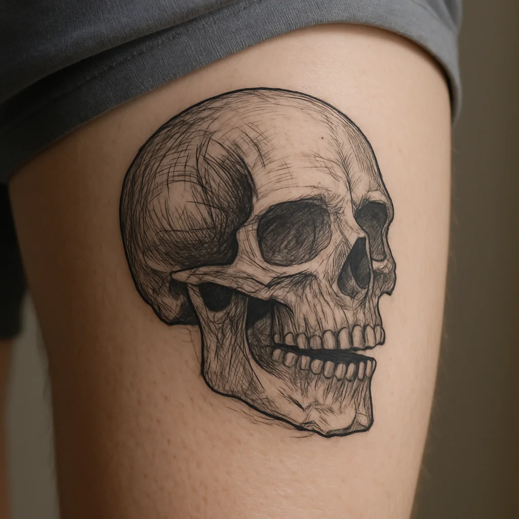 Illustrative etched skull with a cracked jaw tattooed on the front of a man's thigh