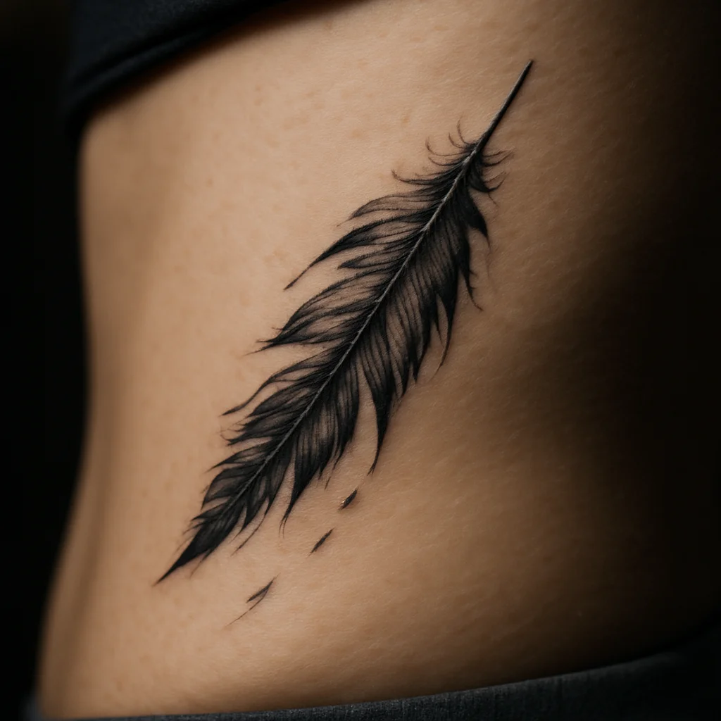 Illustrative falling feather tattoo drifting down the side of the ribcage