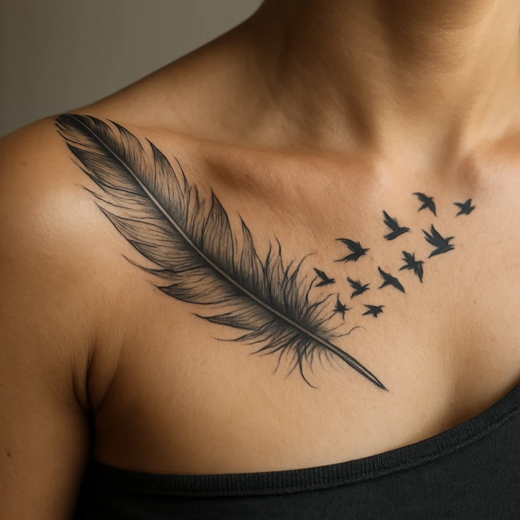 Illustrative feather tattoo sweeping from collarbone to shoulder in grey wash