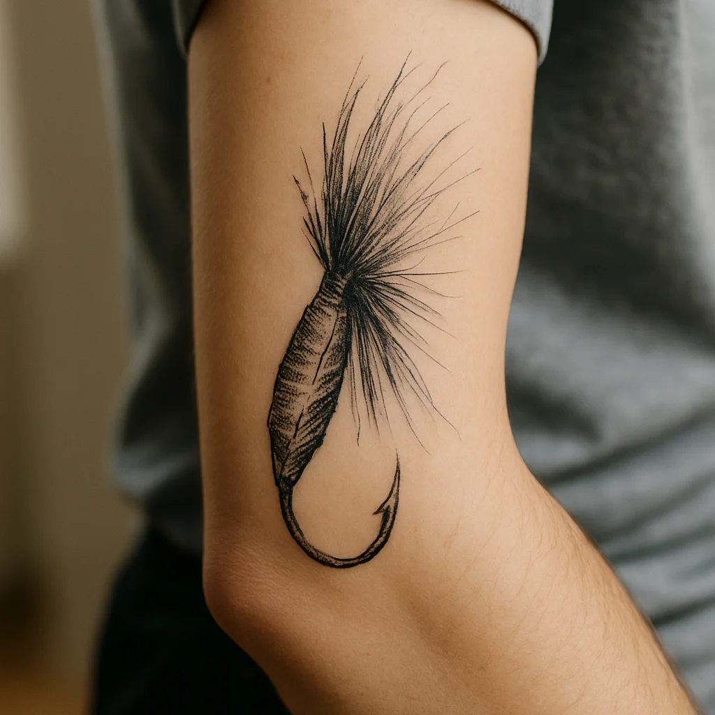 Illustrative fishing lure memorial tattoo with feather detail on the outer forearm