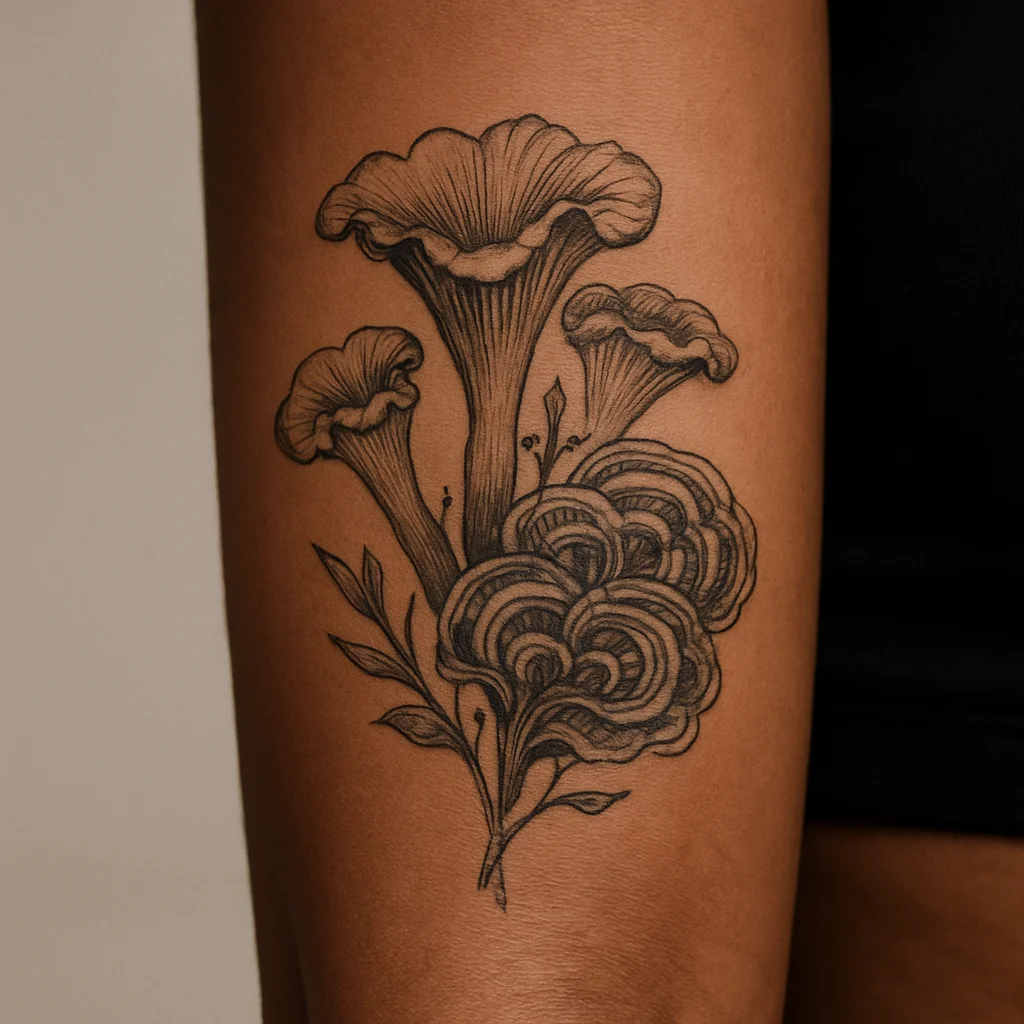 Illustrative foraged mushroom cluster tattoo stacked along the inner forearm