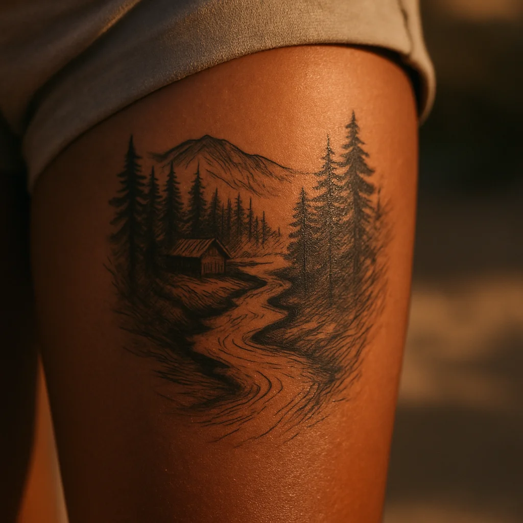 Illustrative forest landscape tattoo with cabin and river running down a man's thigh