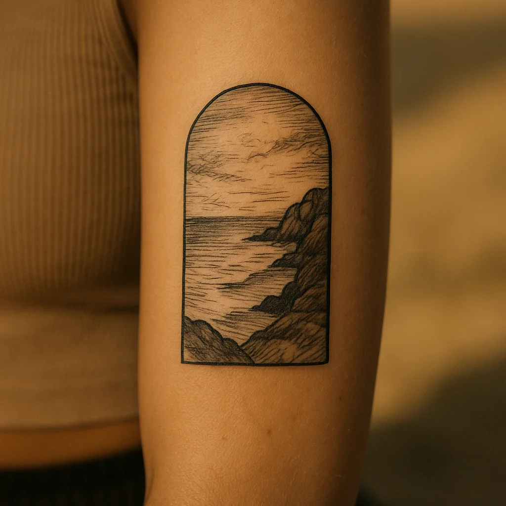 Illustrative framed window panel tattoo with cropped coastline on the inner forearm