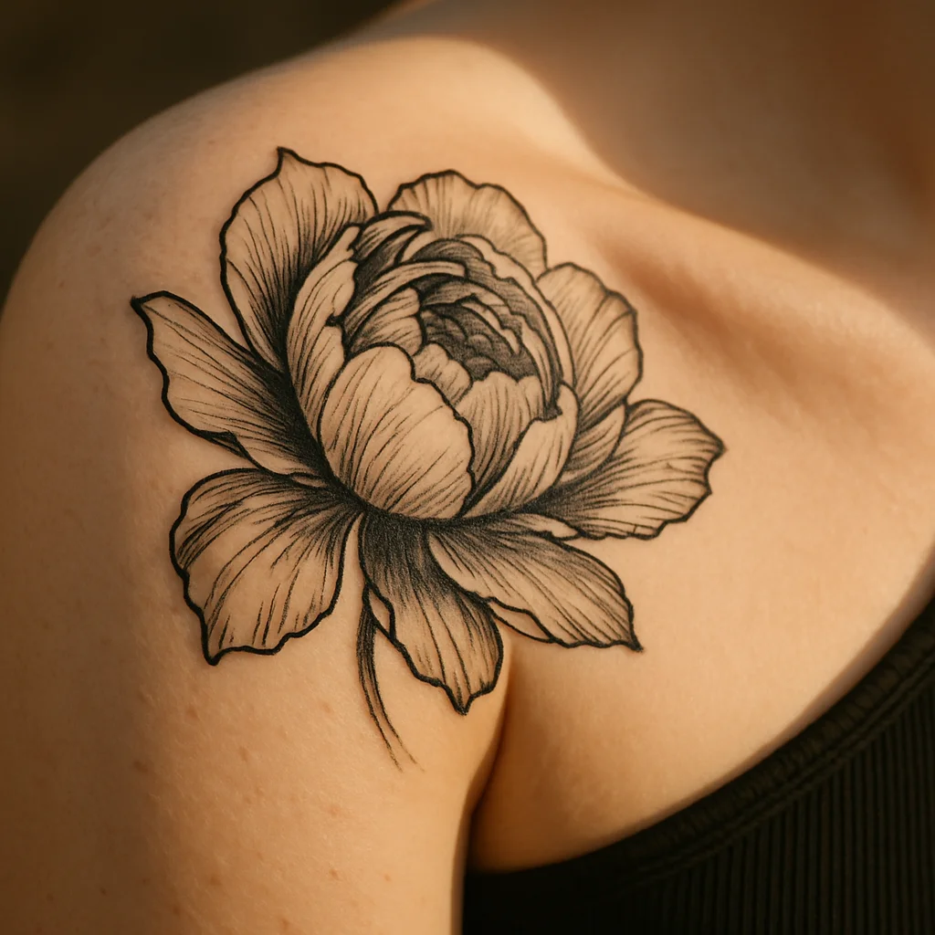 Illustrative full-bloom peony wrapping the rounded shoulder cap
